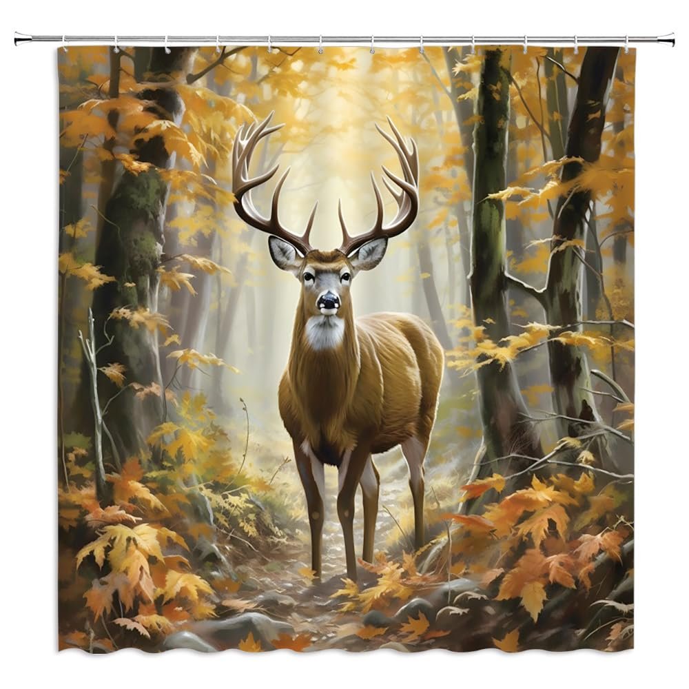 YOZSLGU Country Rustic Shower Curtain Fall Forest Deer Wildlife Hunting Nature Bathroom Decor Curtains Set with Hooks