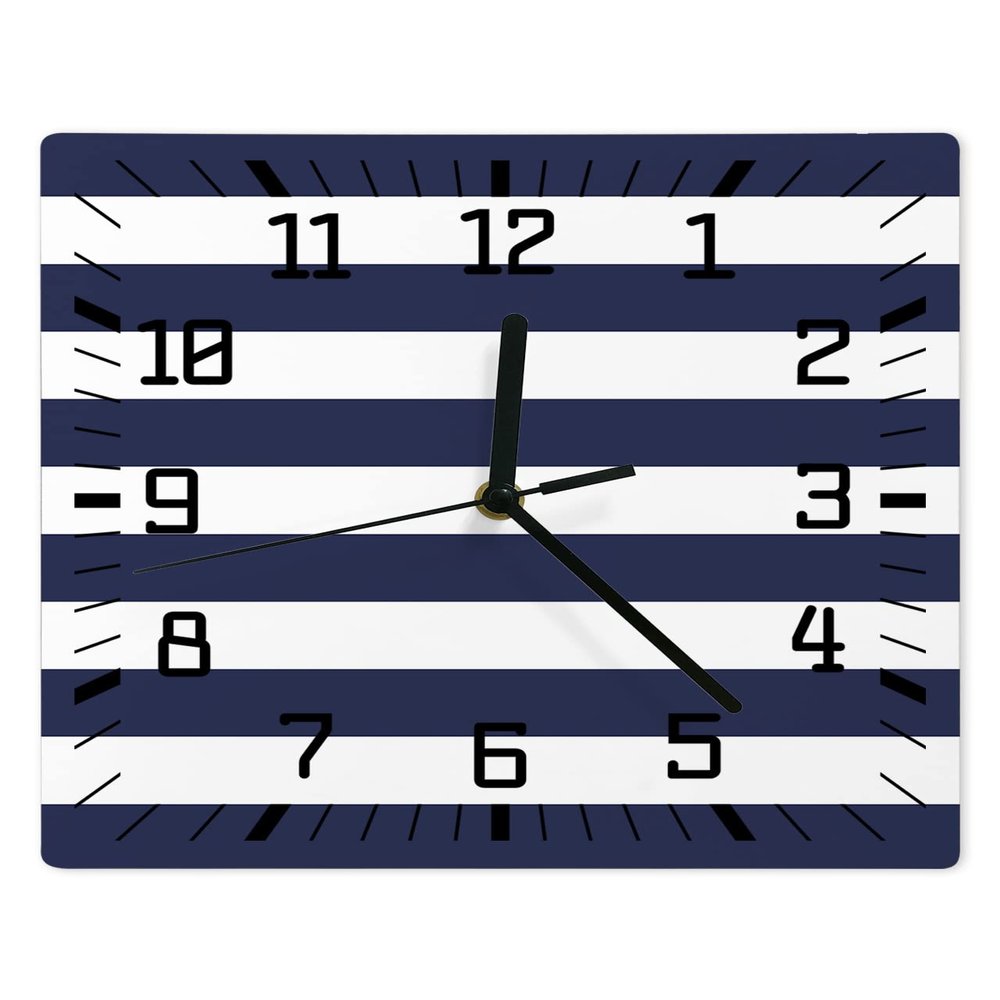 FortuneHouse8 Wall ClockClassical Nautical Stripe Battery Operated Clocks Silent Non-Ticking Wallclock Navy Blue Square Wall Clocks for Living Room Bedroom Kitchen Office Bathroom Home Decor