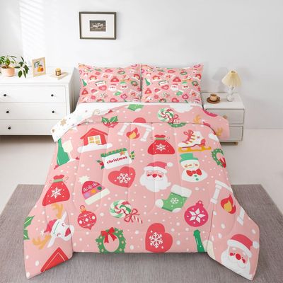 Erosebridal Santa Claus Bedding Set for Boys, Xmas Decor Comforter Set Full Size for Kids Girls Bedroom Decor, Cartoon Snow House Quilt New Year Pink Duvet Sets Christmas Decorations for Mom