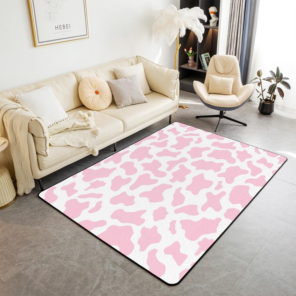 Kid Cartoon Area Rug 5x7,(Not Real) Pink Cow Print Indoor Floor Mat,Milk Cow Animal Cowhide Carpet,Farm Animals Decorative Accent Rug for Teen Boys Girls Farmhouse Bull Cattle Kawaii Bedroom Decor