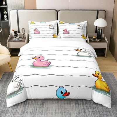 Erosebridal Cartoon Duck 100% Cotton Duvet Cover for Kids Boys Girls,Colorful Duck Bedding Set King,Cute Hand Drawn Duck Wave Lines Comforter Cover,Lovely Farmhouse Animal Bed Sets with 2 Pillowcases