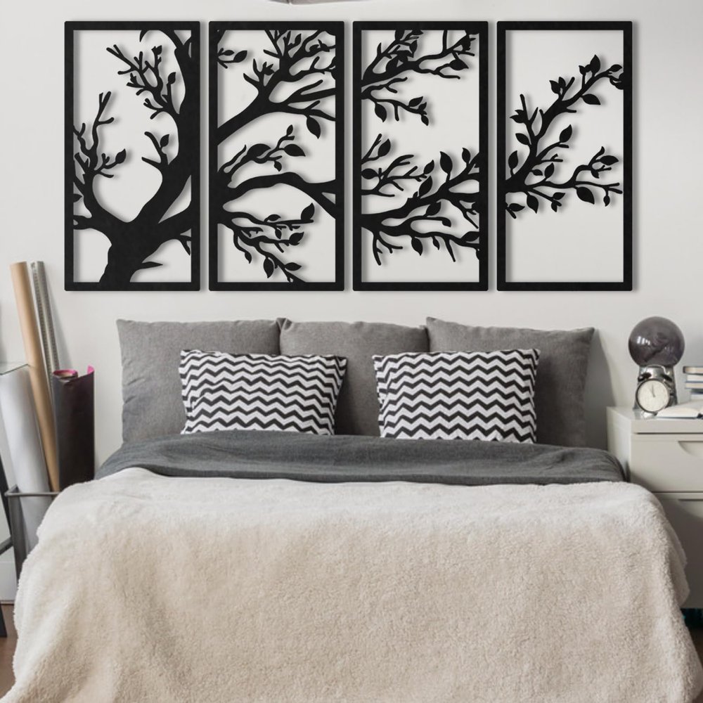 ICEWQOQU Tree of Life Wall Art, 4 Panel Wall Decor, Tree of Life Decor, Metal Tree Wall Art, Tree Signt, Metal Art Wall Decor, Metal Wall Decor, Home Decoration (59" W x 30" H / 150x75 cm, black)
