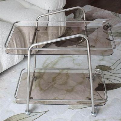 Etlegor Home Bar Serving Carts, 2-Tier Mobile Bar Cart with Wheels for Home Kitchen Dining Room Living Room Party Metal Frame and Tempered Glass Handcart (Color : Silver-B, Size : 65x38x69cm)