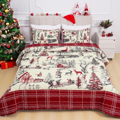 FRAMICS 3 Piece Christmas Reversible Quilt Set Queen Size, Red Plaid Printed Quilt, Snowman Moose Christmas Farmhouse Quilts, Lightweight Comforter Set, 90" x 90", 1 Quilt+ 2 Pillow Shams