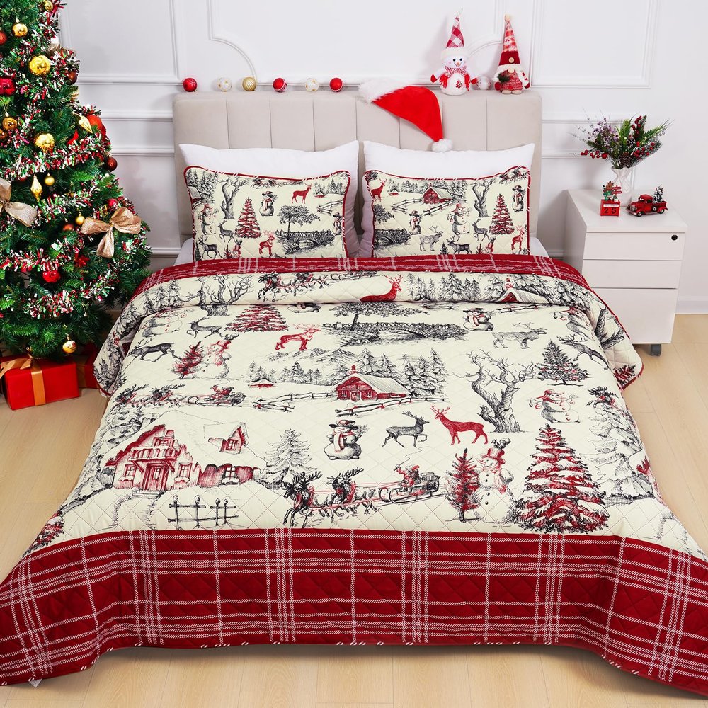 FRAMICS 3 Piece Christmas Reversible Quilt Set Queen Size, Red Plaid Printed Quilt, Snowman Moose Christmas Farmhouse Quilts, Lightweight Comforter Set, 90" x 90", 1 Quilt+ 2 Pillow Shams