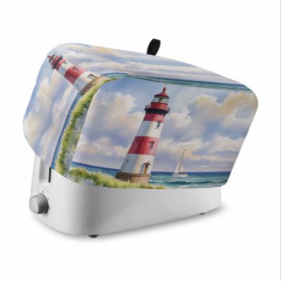 Coastal Lighthouse Toaster Cover 4 Slice, Large Kitchen Appliance Covers, Watercolor Blue Sky Sea Summer Beach Nautical Toaster Oven Cover with Loop, Bread Machine Cover Polyester Dust Cover