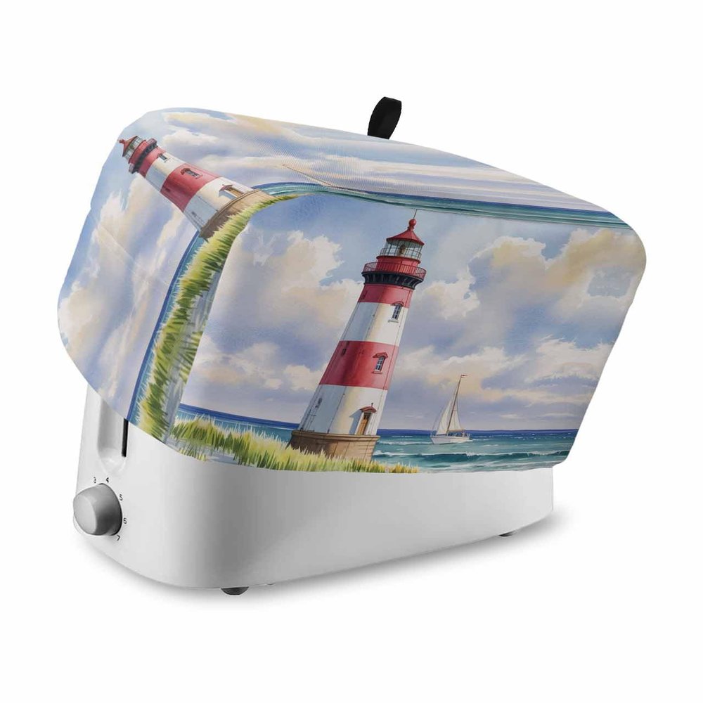 Coastal Lighthouse Toaster Cover 4 Slice, Large Kitchen Appliance Covers, Watercolor Blue Sky Sea Summer Beach Nautical Toaster Oven Cover with Loop, Bread Machine Cover Polyester Dust Cover