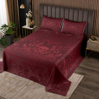 Adults Red Damask Bedspread Set Antique Victorian Baroque Quilt Set Queen Size,Gothic Vintage Floral Coverlet Set Exotic Sugar Skull Quilted,Gothic Bone Skeleton Bohemian Decor
