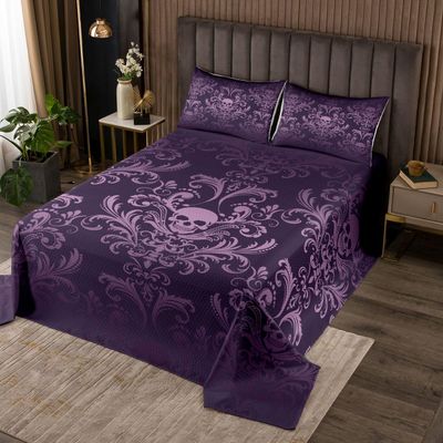 Adults Salmon Violet Damask Bedspread Set Antique Victorian Baroque Quilt Set Twin, Gothic Vintage Floral Coverlet Set Exotic Sugar Skull Bed Set, Gothic Bone Skeleton Bohemian Decor, Dark Purple
