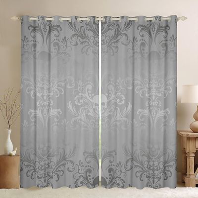 Adults Silver Damask Curtains & Drapes Antique Victorian Baroque Blackout Curtains 2 Panels 42" Wx84 L,Vintage Floral Window Curtains Exotic Sugar Skull Gothic Bone Skeleton Bohemian Decor,Grey