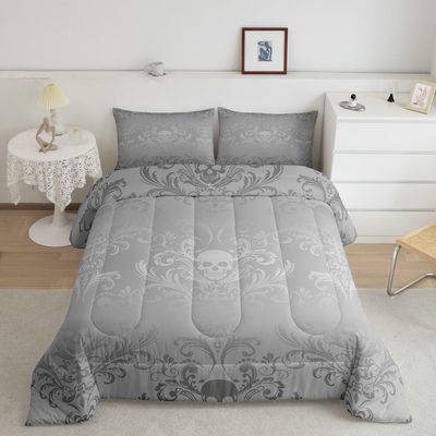 Adults Silver Damask Bedding Set Antique Victorian Baroque Comforter Set Full Size,Gothic Vintage Floral Quilt Exotic Sugar Skull Duvet Insert,Gothic Bone Skeleton Bohemian Decor,Grey