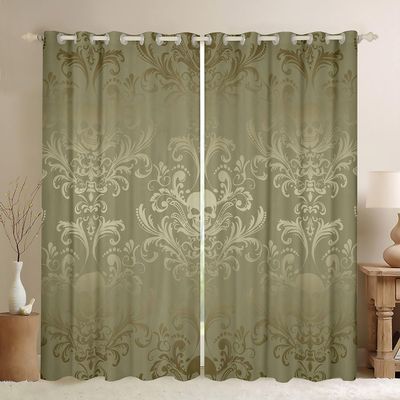 Adults Damask Curtains & Drapes Antique Victorian Baroque Blackout Curtains 2 Panels 42" Wx90 L,Vintage Floral Window Curtains Exotic Sugar Skull Gothic Bone Skeleton Bohemian Decor,Olive Grey