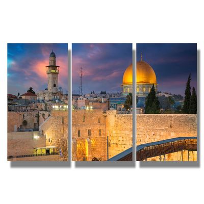 Canvas Wall Art Jerusalem Cityscape during Sunset Wall Art for Living Room 3 Panel erusalem Israel with Dome of the Rock and Western Wall Home Decor Wooden Framed Stretched Ready to Hang 16X24X3 INCH