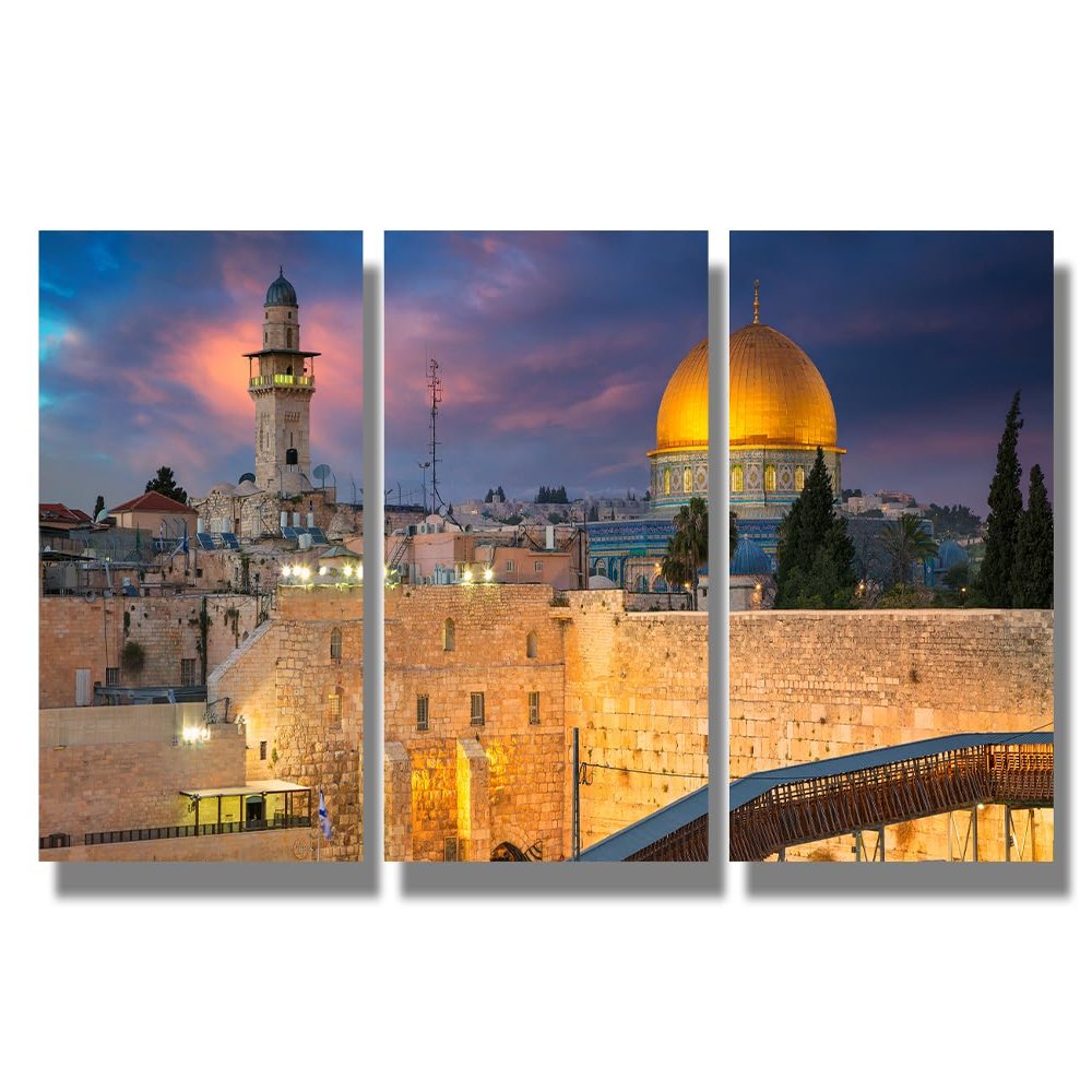 Canvas Wall Art Jerusalem Cityscape during Sunset Wall Art for Living Room 3 Panel erusalem Israel with Dome of the Rock and Western Wall Home Decor Wooden Framed Stretched Ready to Hang 16X24X3 INCH