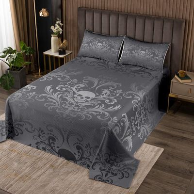 Adults Black Damask Bedspread Set Antique Victorian Baroque Quilt Set King Size,Gothic Vintage Floral Coverlet Set Exotic Sugar Skull Bedding Set,Gothic Bone Skeleton Bohemian Decor,Grey