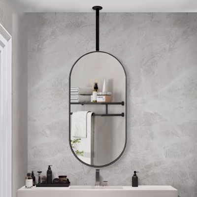 Ceiling Hanging Floating Mirror with Metal Frame, Modern Oval Decorative Mirrors Bathroom HD Vanity Make-up Mirrors, Black Ceiling Mounted Mirrors (Size : 40cmx60cm)