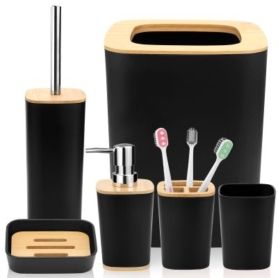 Hommtina Bamboo Bathroom Accessory Set, 6 Pcs Bathroom Essential Includes Toothbrush Cup, Toothbrush Holder, Soap Dispenser, Soap Dish, Toilet Brush with Holder, Trash Can (Black Square)