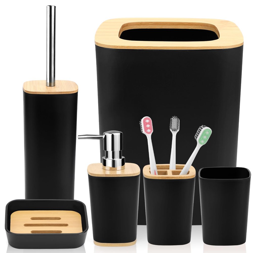 Hommtina Bamboo Bathroom Accessory Set, 6 Pcs Bathroom Essential Includes Toothbrush Cup, Toothbrush Holder, Soap Dispenser, Soap Dish, Toilet Brush with Holder, Trash Can (Black Square)