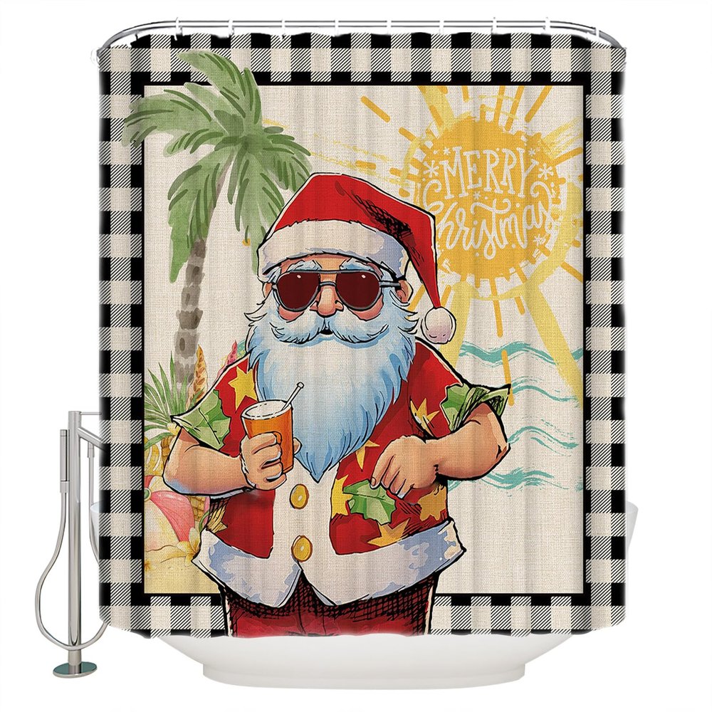 Merry Christmas Shower Curtain for Bathroom 72" x 72" Santa Claus Beach Summer Bufflao Check Plaid Shower Curtain with Hooks Polyester Waterproof Home Bathtub Decor
