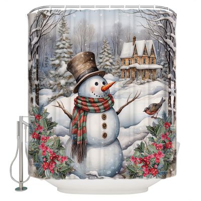 Christmas Shower Curtain for Bathroom 66" x 72" Xmas Tree Winter Snow Snowman Rustic Farmhouse Shower Curtain with Hooks Polyester Waterproof Home Bathtub Decor