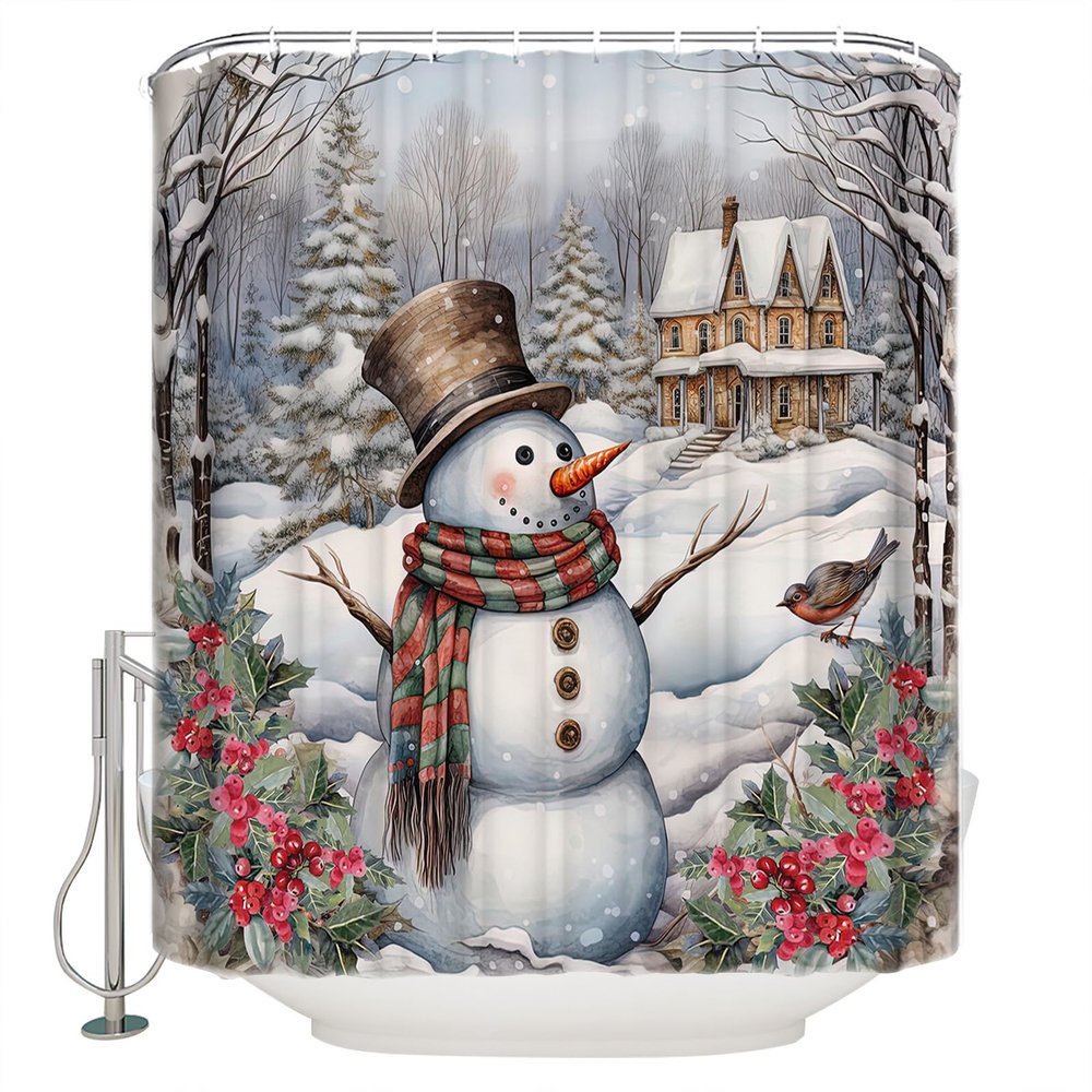 Christmas Shower Curtain for Bathroom 66" x 72" Xmas Tree Winter Snow Snowman Rustic Farmhouse Shower Curtain with Hooks Polyester Waterproof Home Bathtub Decor