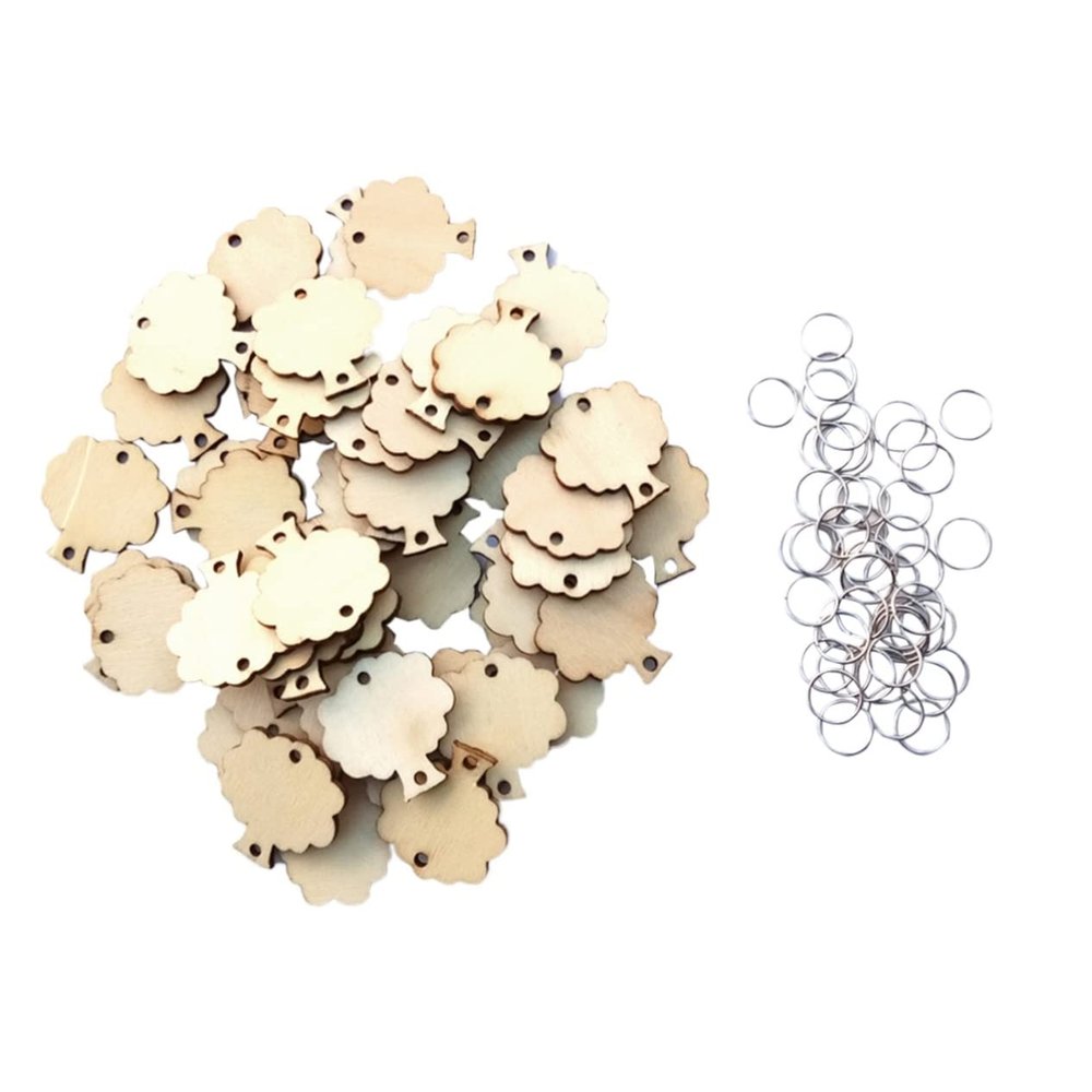 TEHAUX 100pcs Wood Piece Tree Wire Ring Set DIY Craft Heart Sign Tag for Birthday Reminder Plaque Decor