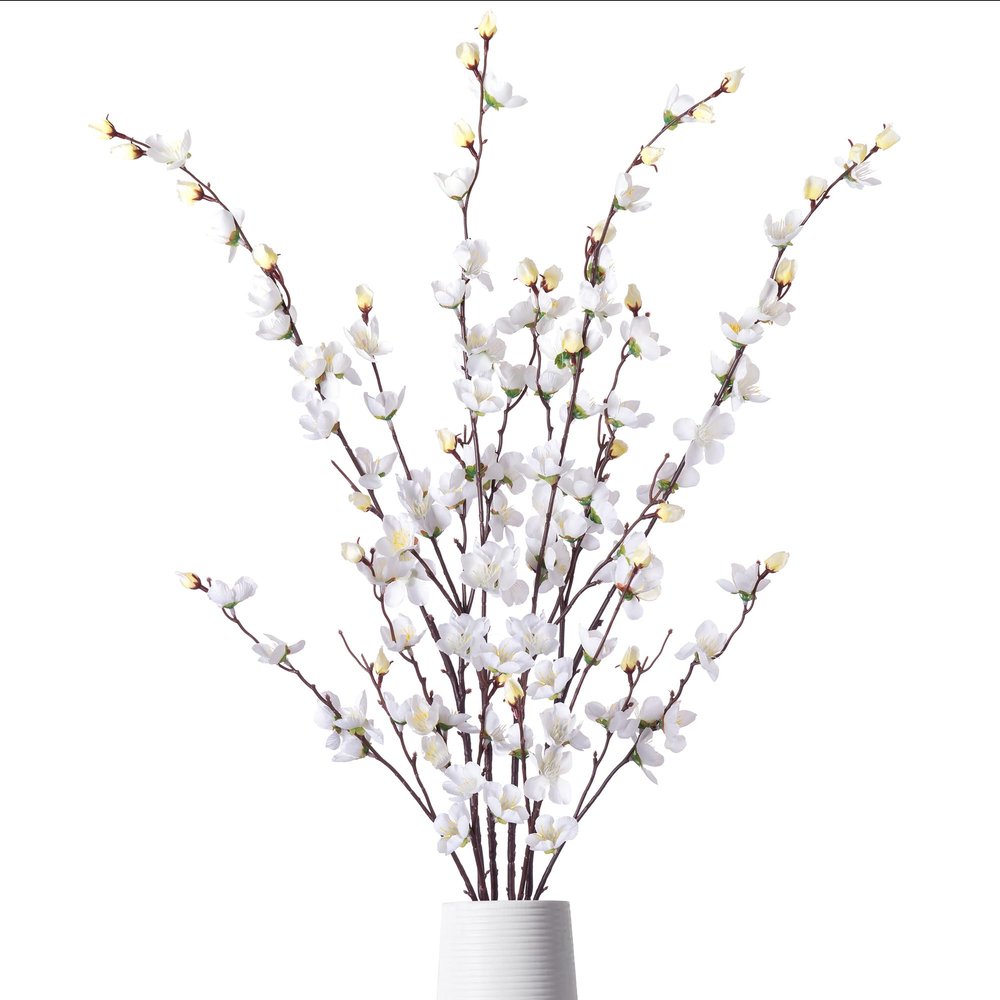 Ammyoo Artificial Faux Plants Flowers Indoor Spring Summer Decor, 4 Bundles Fake Silk Plum Blossom,Faux Silk Cherry Blossom Branches for Wedding Office Party Hotel Home Decor, Vase Not Included(White)
