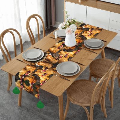 A Brood of Chickens Linen Table Runner with Tassel Decor Charming Table Runner for Farmhouse,Christmas,Wedding
