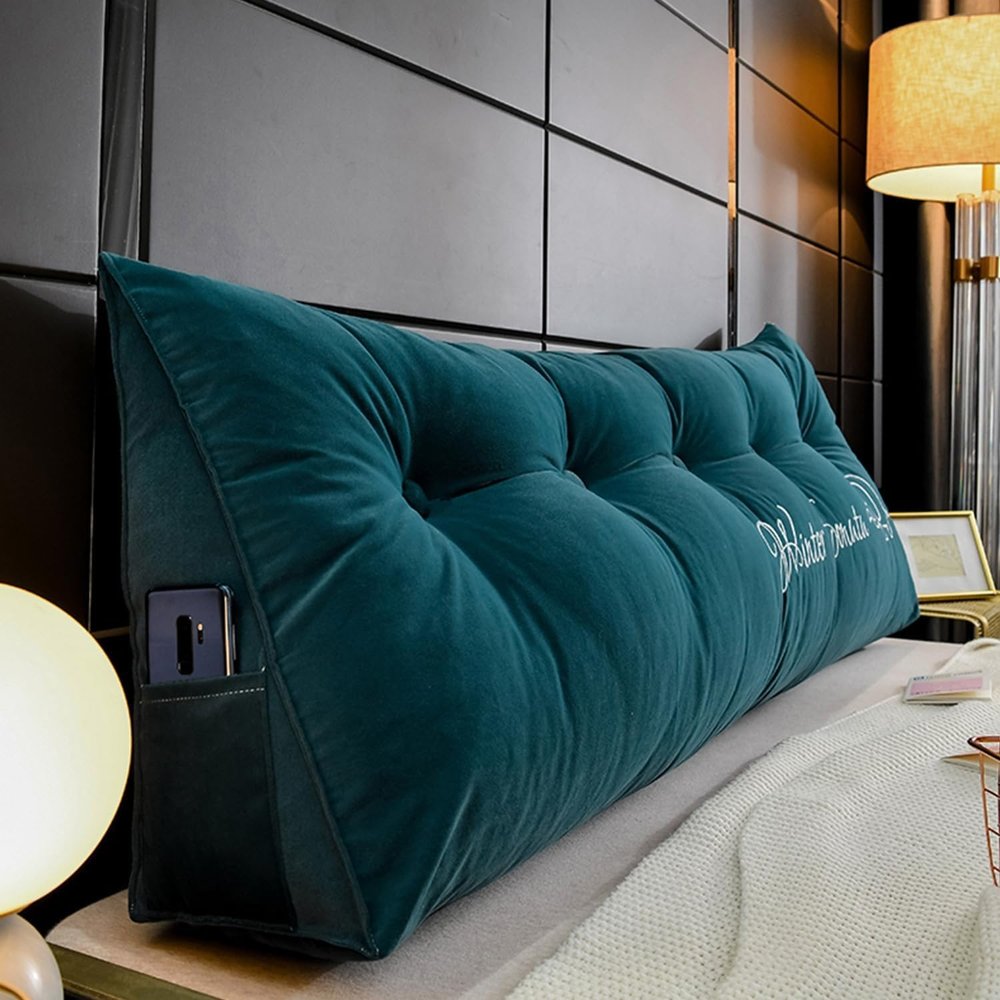 Queen Triangular Reading Wedge Pillow, Headboard Pillow Headroll Pillow Bed Wedge Pillow Backrest Pillow Sitting Bed Headboard Pillow With Side Pockets Twin Size ( Color : Green1 , Size : Twin(39"/100