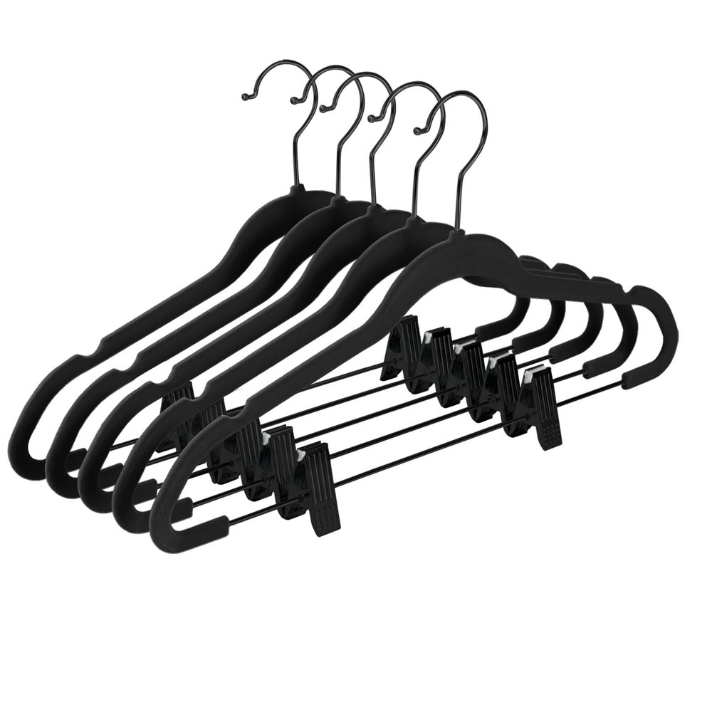 MIZGI Premium All Black Velvet Pants Hangers with Adjustable Clips (Pack of 20) Slim Skirt Hangers- Non Slip Felt Outfit Dress Hangers- Black Hooks,Space Saving Shirt Clothes Hangers