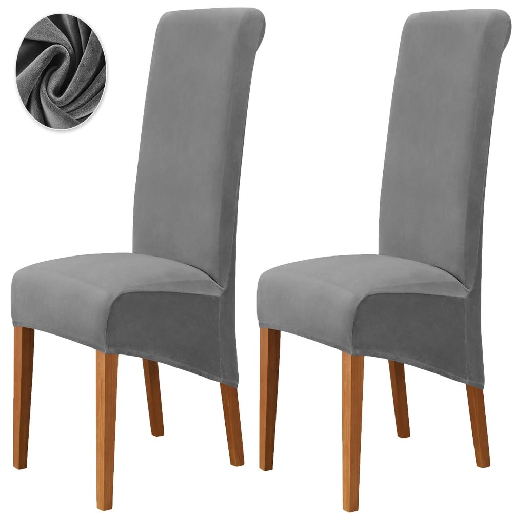 Deisy Dee Stretch XL/Oversized Extra Large Velvet Dining Room Chair Covers for Kitchen DiningRemovable Washable Chair Protectors Slipcovers (Grey, 2)