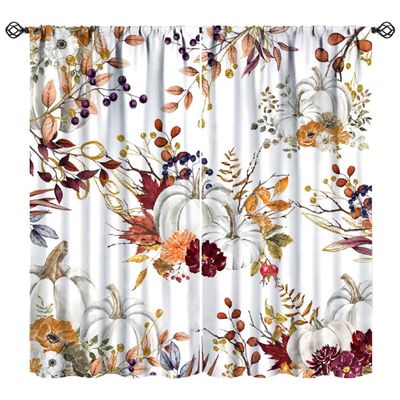 Autumn Curtains, Boho Pumpkins Rustic Fall Thanksgiving Harvest Farmhouse Floral Leaves Print Window Treatments for Kitchen Bedroom Living Room Cafe 42x54 Inch