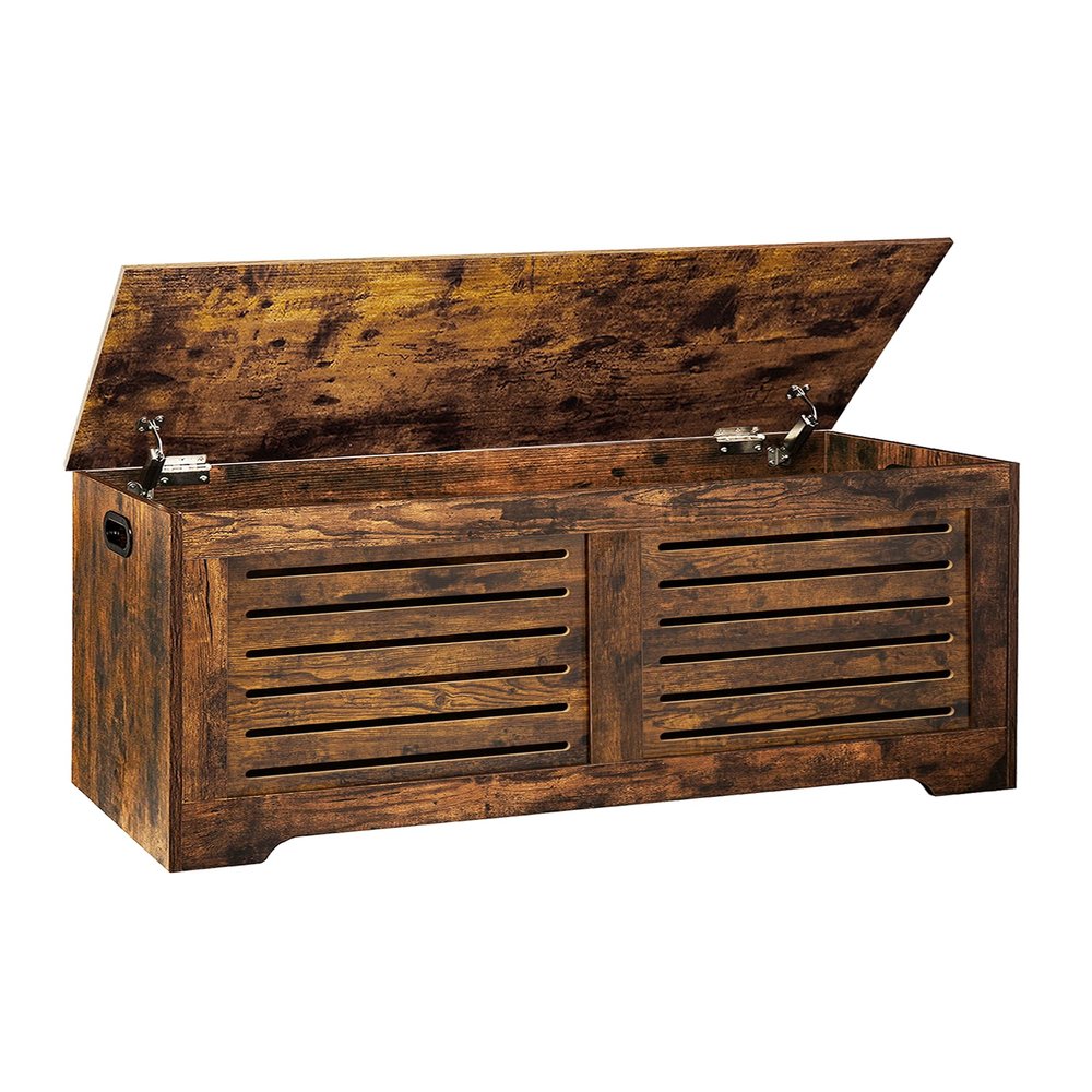 DINZI LVJ Storage Chest, 39.4Wooden Toy Box with 2 Safety Hinges, Retro Entryway Shoe Storage Bench with Flip-Top, Sturdy Large Storage Trunk for Living Room, Bedroom, Easy Assembly, Rustic Brown