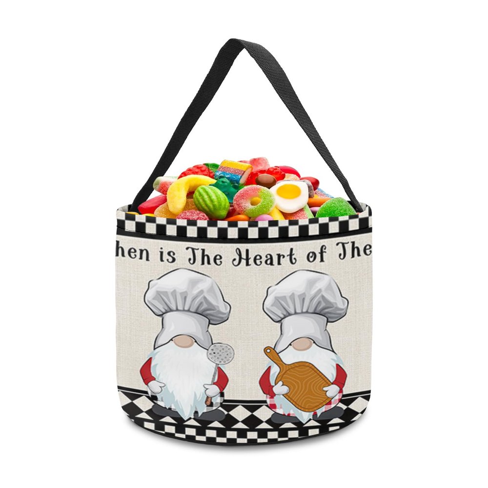 2 Pieces Halloween Trick or Treat Candy Bags,Chef Gnomes Cook Kitchen Quote Reusable Goody Bucket Collapsible Candy Tote Bag for Holiday Gift Basket Party Favor,Grid Gingham with Cotton Burlap