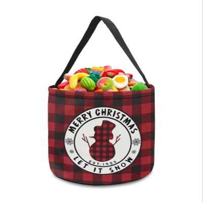 1 Piece Halloween Trick or Treat Candy Bags,Christmas Winter Snowman and Snowflake Reusable Goody Bucket Collapsible Candy Tote Bag for Holiday Gift Basket Party Favor,Rural Red Black Buffalo Plaid