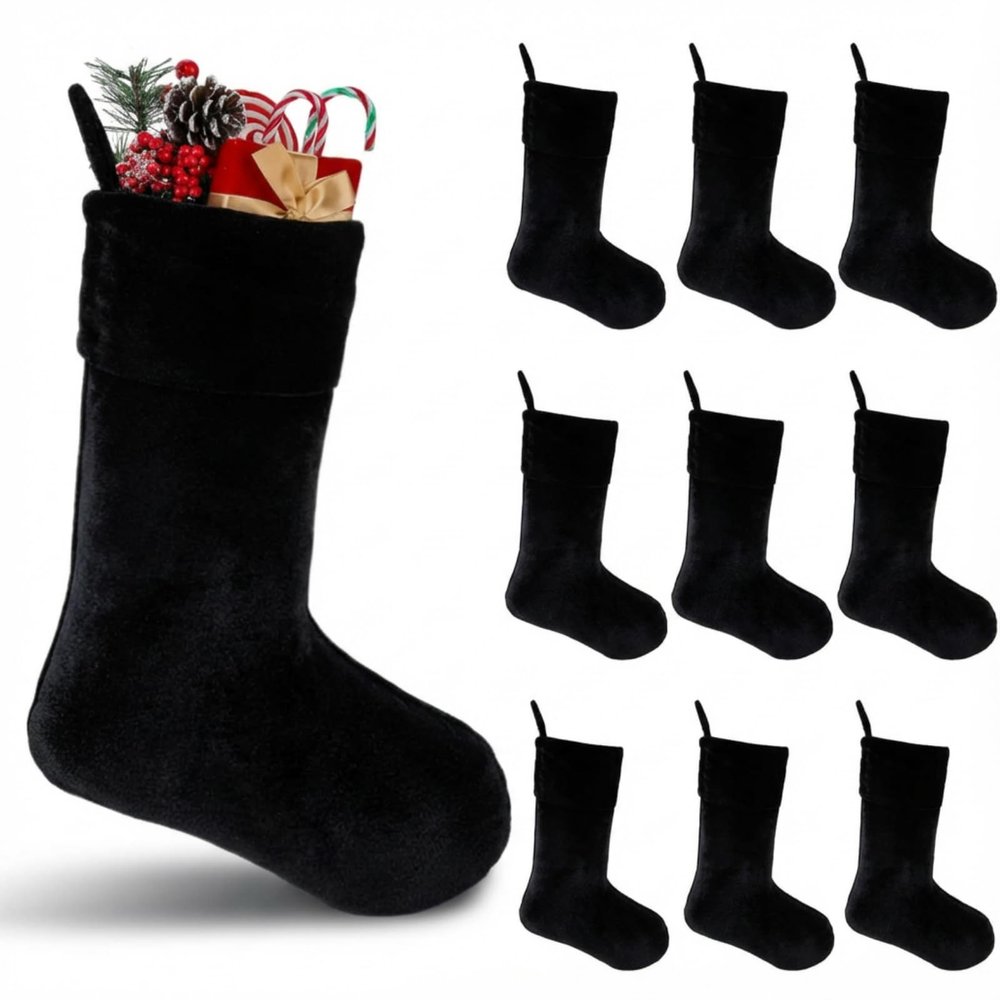 Seematn 10 Pcs 19 Inches Large Velvet Christmas Stockings Bulk - Soft Black Stocking for Christmas Fireplace Mantle Hanging Decor Xmas Tree Home Decorations