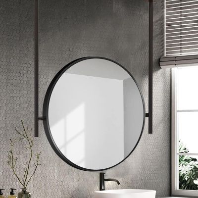 Metal Frame Round Mirror Ceiling Mounted Hanging Rod Mirror Wall Decorative Simple Glass Mirrors for Bathroom Vanity Makeup, Black/Circle (Size : Diameter-70CM/27.6INCH)