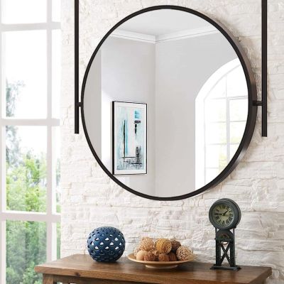 Ceiling Mounted Mirror for Bathroom Black Round, Decorative Simple Glass Mirror, Metal Hanging Rod Mirror for Vanity Makeup, Large Circle Mirror (Size : Diameter-70CM/27.6INCH)