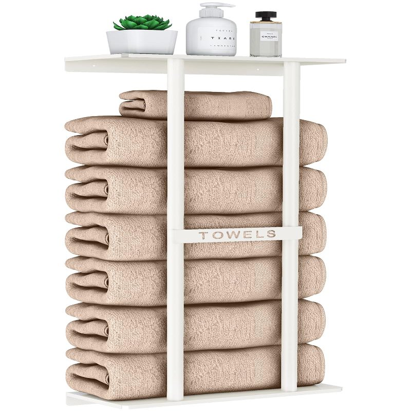 STWWO Wall Towel Rack for Rolled Towels, Towel Storage for Small Bathroom Can Holds 6 Large Towels, 30 inch Towel Racks with Shelf, White