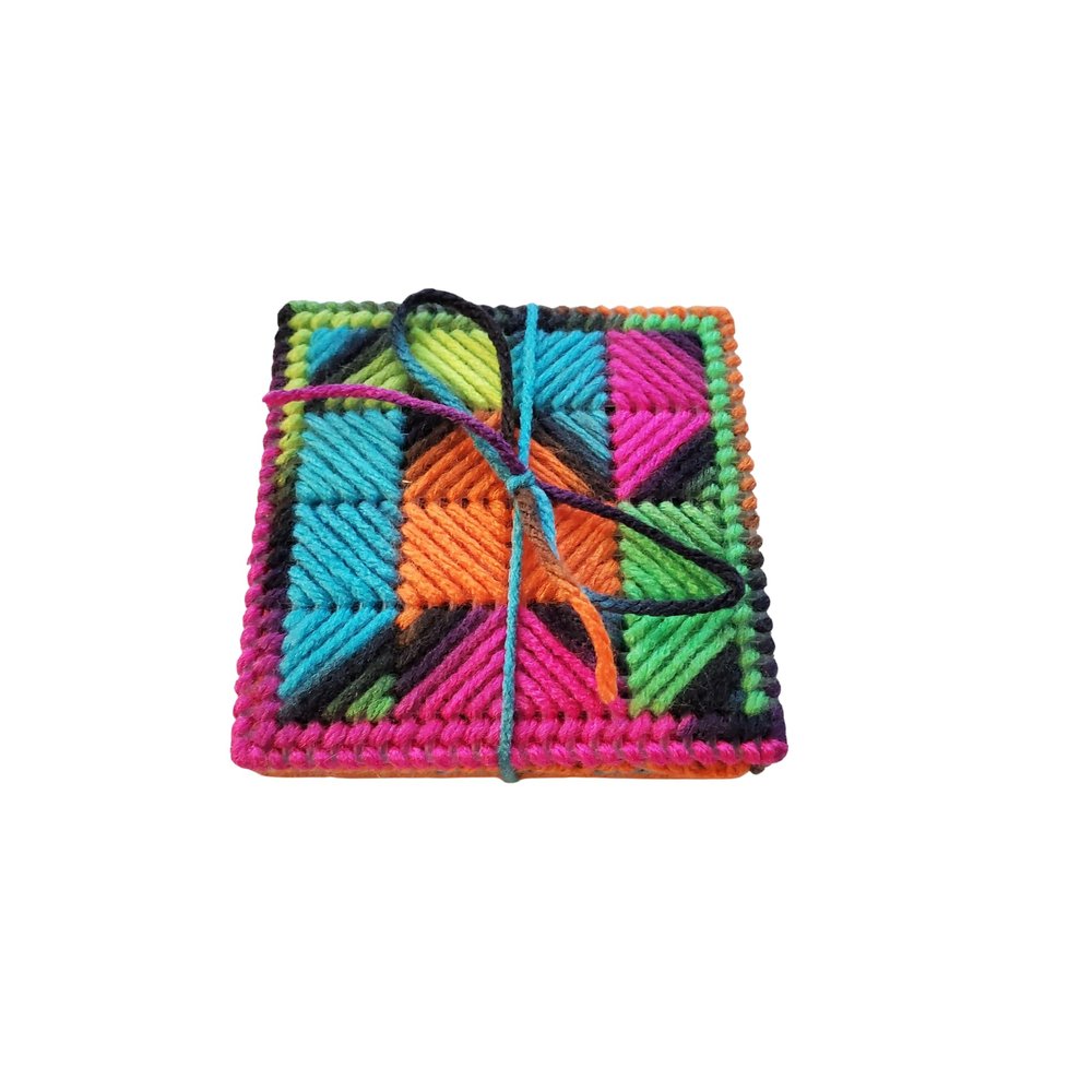 907 Creations By Ca'Trena Plastic Canvas Coasters (Set of 4) w/Box (Black-Orange-Green)