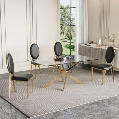 51" Glass Dining Table for 4, Rectangular Glass Dining Room Table with 0.39" Tempered Glasstop & Gold Stainless Steel Pedestal Base, Modern Dining Table for Kitchen Dining Living Room