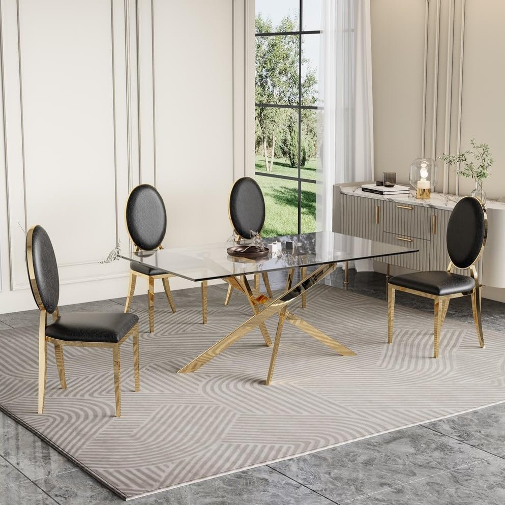 51" Glass Dining Table for 4, Rectangular Glass Dining Room Table with 0.39" Tempered Glasstop & Gold Stainless Steel Pedestal Base, Modern Dining Table for Kitchen Dining Living Room