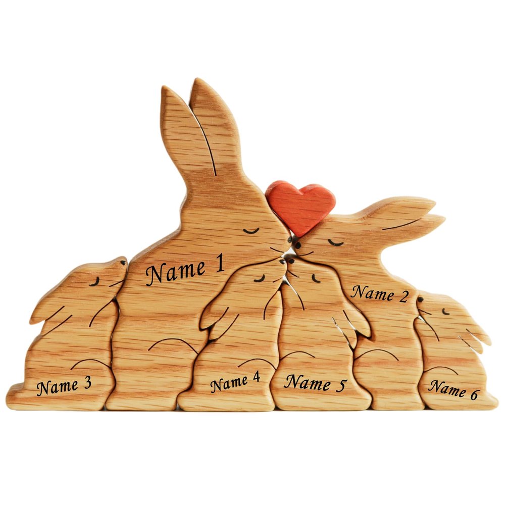 ROSLILY Custom Wooden Animal Family Figurine with 1-8 Names Personalized Cuddling Animals Name Blocks for Family Keepsake Gifts (Bunny)