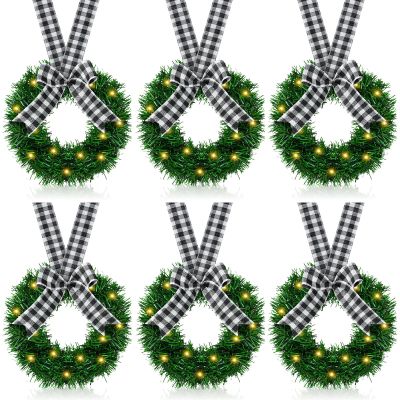 VIHOSE 6 Pcs Lighted Christmas Wreath Decoration 9.8 Inch LED Christmas Door Wreath with Plaid Ribbon Bow Xmas Outdoor for Front Door Window Chair Wall Decor (Black White)