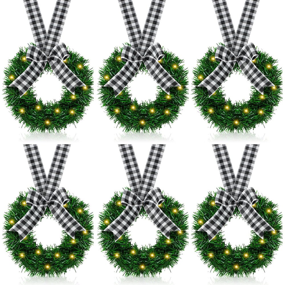 VIHOSE 6 Pcs Lighted Christmas Wreath Decoration 9.8 Inch LED Christmas Door Wreath with Plaid Ribbon Bow Xmas Outdoor for Front Door Window Chair Wall Decor (Black White)