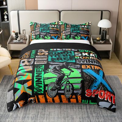 Erosebridal 100% Cotton BMX Bedding Set Queen for Boys, Extreme Sports Games Comforter Cover, Skateboard Dirt Bike Duvet Cover for Kids Boys Bedroom, Bicycle Skate Skin Friendly Luxury Quilt Cover