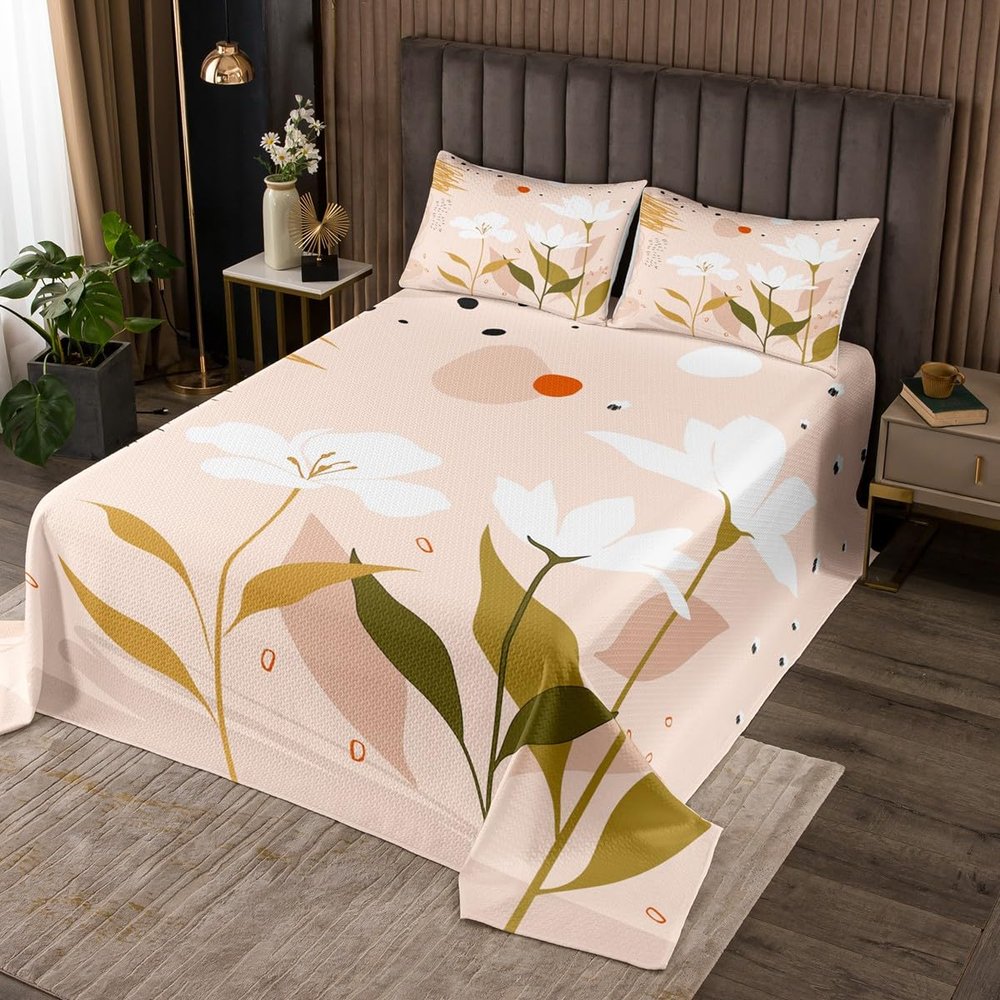 Erosebridal Boho Minimalist Bedspread King Size Hippie Abstract Art Quilt Set, Botanical Plants Coverlet Set White Flower Floral Bedding Set Modern Mid Century Bed Cover Girly Pink Room Decor