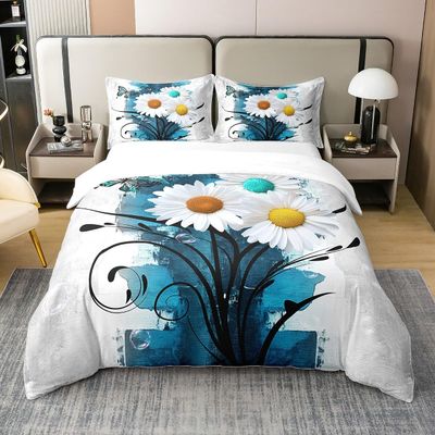 Erosebridal Daisy 100% Cotton Duvet Cover,Teal Oil Painting Bedding Set Queen Size,Rustic Butterfly Floral Comforter Cover,Watercolor Botanical Flowers Bed Sets with 2 Pillow Shams Home Room Decor