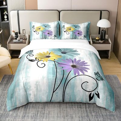 Erosebridal 100% Organic Cotton Teal Daisy Duvet Cover for Girls Women,Contemporary Flower Ombre Bedding Set,Rustic Oil Painting Comforter Cover,Butterfly Floral Bed Sets with 1 Pillowcase,Twin