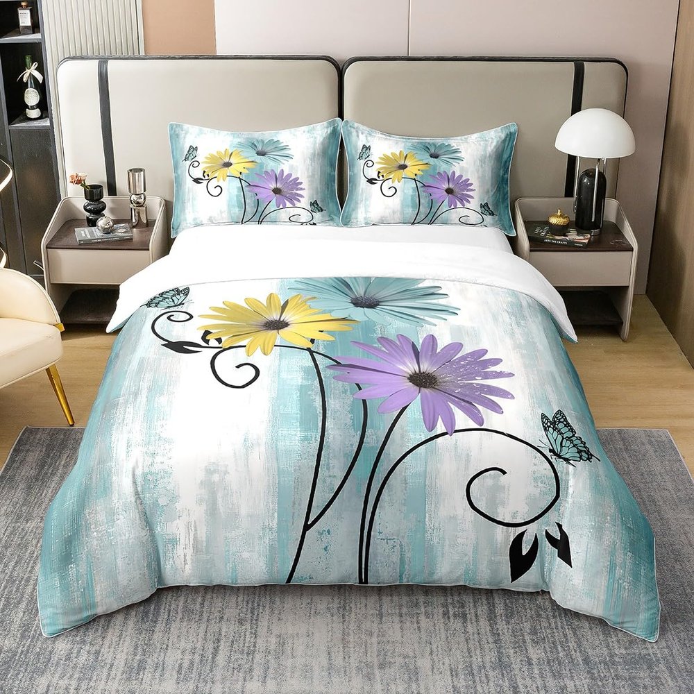 Erosebridal 100% Organic Cotton Teal Daisy Duvet Cover for Girls Women,Contemporary Flower Ombre Bedding Set,Rustic Oil Painting Comforter Cover,Butterfly Floral Bed Sets with 1 Pillowcase,Twin